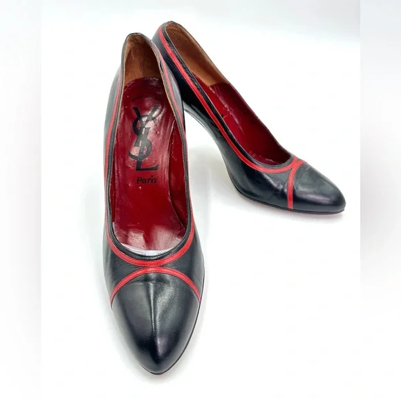 Vintage YSL Yves Saint Laurent Paris Shoes Black High Heel Pumps Red Trim 10 - Picture 1 of 11